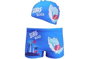 XIVISTO Garçon Short de Bain Enfant Boxer de Piscine avec Bonnet Cartoon Séchage Rapide Maillot de Bain 3-11 Ans