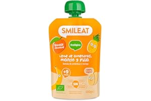 Smileat - Pouch de Frutas Ecológicas - Sin Sal ni Azúcar Añadido, Sin Gluten - Snack Práctico para Peques - Sabor a Leche de Almendras, Mango y Piña