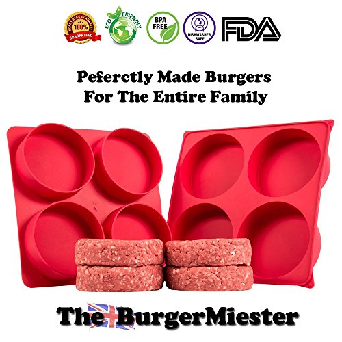 homequip 4 Hohlraum-Burgerpresse – Gesunde Homemade Hamburger & Gourmet Patties für BBQ Grill mit der burgermiester | Ofen backen Quiche, Pies & mehr | leicht zu Store Premium Lebensmittelechtes Antihaft Silikon Tablett - 2