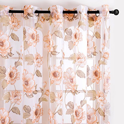Top Finel brillant Pfingstrosen Blumen transparent Gardine Vorhang Deko für Wohnzimmer Schlafzimmer mit Ösen 195cmx215cm 1St,Braun - 2