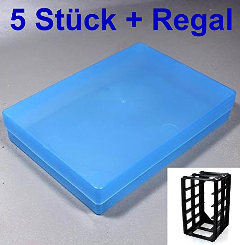 VarioColors Aufbewahrungsboxen blau transparent aus Kunststoff A4 312x225x57mm 5 Stück und Regal