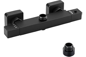 Ronvie Thermostatic Shower Mixer Bar - Two Outlet Wall-Mounted Brass Valve, 38°C Safety Lock & Cool Touch Surface with 3/4" G Top & 1/2" G Bottom BSP Connections, Matt Black (Square)
