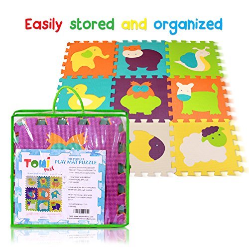 Tomi mat, Puzzle Play Mat – Interlocking Puzzle Pieces Promote Visual Sensory Development – Soft Baby Floor Mat – 9 Tiles with Vibrant animal images to Capture children's Attention – Foam EVA Mat