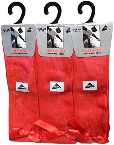Bow Knee High School Girls &amp; Kids Plain Long Length Cotton Stretch With all size &amp; colour (Set of 6 pairs) (UK 12-3.5 (EU 30-35.5), Red)
