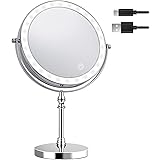 Amelar Espejo Maquillaje con Luz LED, Aumento de 1X/10X con 3 Luces de Colores Recargable por USB, Doble Cara Giratorio 360 E