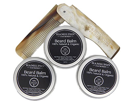 3 Beard Balm Wax & Real Horn Beard & Mustache Folding Comb by Hamilton Jackson - Conditioning Natural Organic - Shea Butter, Hemp Seed Softening Conditioner for Men Handcrafted in London In Gift Box