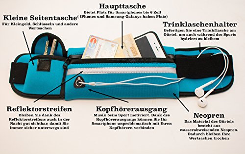 Laufgürtel Esportista (wasserabweisend & verstellbar) für Handy, Smartphone (6 Zoll), Schlüssel, Geld – Hüfttasche mit Reißverschluss, Kopfhörerausgang und Flaschenhalter (Trinkgurt) – Farbe blau - 2