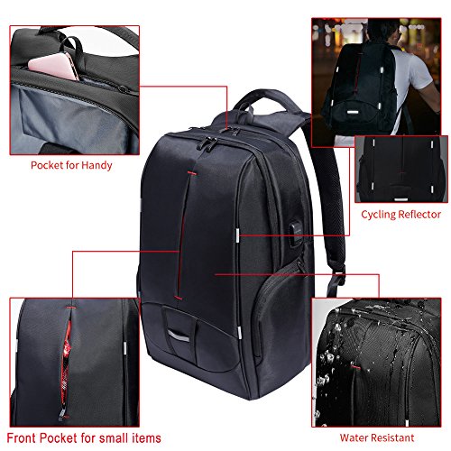 Laptop Rucksack 17,3 zoll, KALIDI Anti Diebstahl Wasserdichter Leichtgewichtiger Rucksack mit USB-Ladeanschluss für Arbeit Campus Studenten Reise Business (Schwarz) - 6