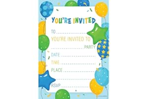 Kirsten McMillan 32 Blue Birthday Party Invitations for Kids with Envelopes - Pack of 32 Balloon Party Invites for Girls & Boys - Designed and Printed in the UK
