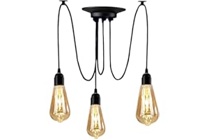 YNXing Edison - Lampadario a sospensione regolabile, colore nero, 1/3/5/6 testa (3 supporti per lampadine)