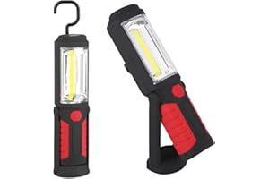 QCWWY 3W Rechargeable COB LED Flashlight with Magnetic Stand, High Power and High Brightness, Swivel Base, Hanging Hook, for Camping, Emergency Kit, Home and Work (Red)