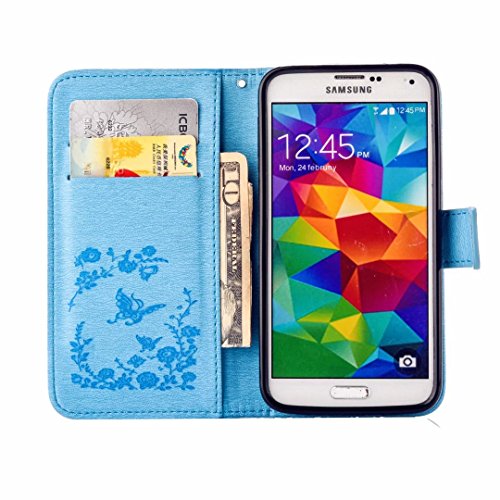 MUTOUREN Samsung Galaxy S5 Solide Grau Drucken(Schmetterling Blumen) Bookstyle PU Ledercase Tasche Hüllen Brieftasche Schutzhülle Scratch Magnetverschluss Telefon-Kasten Kratzfeste Anti-scratch Handyhülle Standfunktion Handycover Blau + 1x Kapazitive Feder - 6