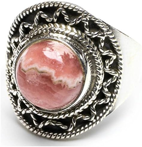 StarGems(tm) Natural Rhodochrosite Unique Design Punk Style 925 Sterling Silver Ring US Size 8 N643