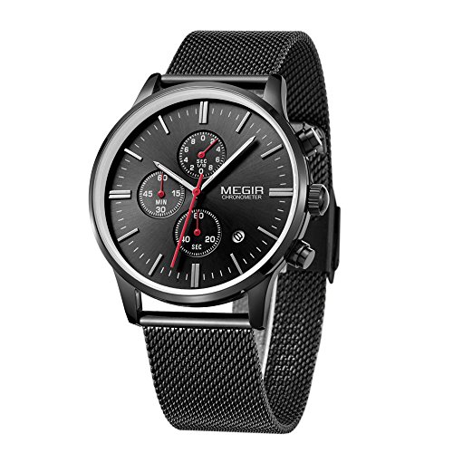 Megir para Hombre Reloj analógico de Cuarzo de Malla de la Pulsera de Acero Inoxidable Hombre de Negocios a Prueba de Agua Reloj de Pulsera con Calendario y Sub-Dial Plata/Negro/Oro