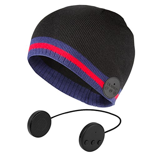 Bluetooth Beanie Headphone Hats BLUEEAR BWH1N Wireless Winter Knitted Caps With Stereo Speaker And Phone Talking For Snowboarding Skating Running Hiking Fitness Gym Exercise (Black Red)