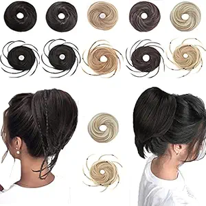 MSCHARM 2 PCS Messy Bun Hair Piece Extensions Synthetic Messy Bun Stretch Hair Bundle Ponytail For Women One With a Small Braid andone Without a Small Braid(24/613)