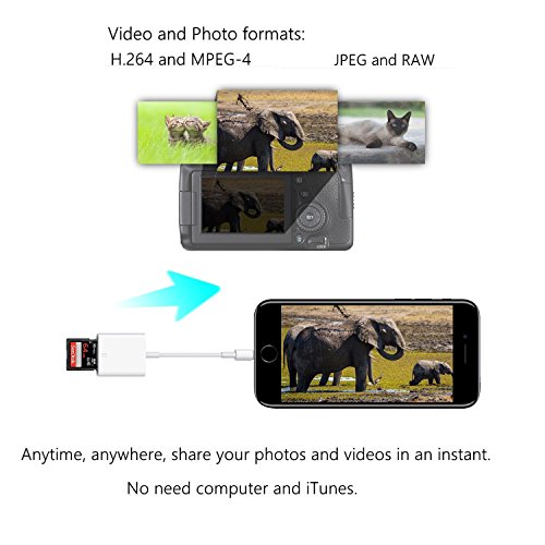 Lightning to SD Card Reader for iPhone iPad, Trail and Game Camera Card Reader Adapter Cable for iPhone, iPad Mini and iPad Air No App Required- IOS 9.2 or up to 10.3.2 [Updated Version]