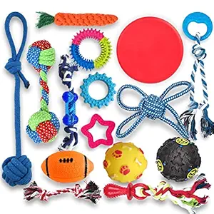 Beiker Puppy Teething Chew Toys - 15 Pack Durable Small Dog Toys for Puppies, Indestructible Dog Rope Chew Toys for Boredom, Interactive Squeaky Dog Ball, Cute Rubber Teething Rings, Safe, Non-Toxic