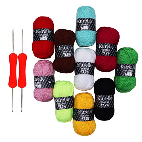 Pack de 10 Madejas Hilo de tejer/Hilo Acrilico con 2 Agujas de Ganchillo - Perfecto para Crochet y Tejer - Acrílicos Skeins en una variedad de colores - Hilo de Acrílico 10x50g(500g, 800m en total)
