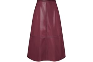 Kate Kasin Women's Mid-Calf PU Leather A-Line Skirt Elastic Waistband with Side Zipper Unlined Midi Faux Leather Skirts for Office Daily Wear