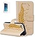 Produktbild ISENPENK Apple iphone 5/5s/SE Flip Case,Original Flip Bookstyle Cover Wasserdicht Shockproof Anti Slip Protection Leather Case,Feder Print Muster Pattern Wallet Case mit Intern Karte Schlitz,Anti-Sturz Stoßfest Stoßdämpfend Triangle Hemming Wallet Tasche,Magnetic Closure Schutzhülle mit Standfunktion und Handy Gürtel für Apple iphone 5/5s/SE 4.0Zoll-[gold]+Panzerglas Folie/Displayfoile/Displayschutzfolie