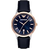 Emporio Armani Orologio da Uomo con Data a Due Lancette, Cassa in Acciaio 43 mm e Cinturino in Pelle