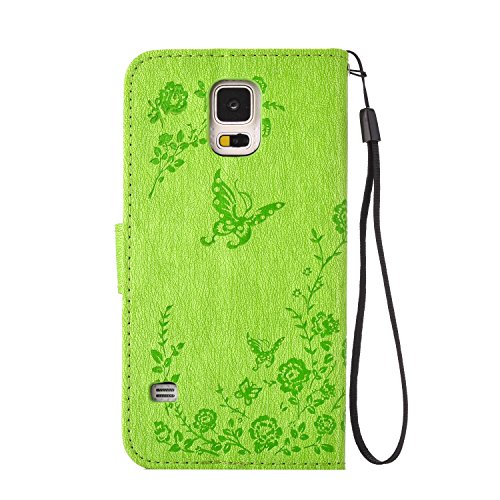 Samsung S5 Hülle,Cozy Hut® Schutzhülle für Samsung Galaxy S5 Leder Wallet Tasche Brieftasche PU Schutz Etui Schale,Intarsien Bling Kristall Glitzer Strass Diamant Prägung Schmetterling Muster Lederhülle im Bookstyle Handyhülle Tasche Wallet Case Handytasche Ständer Kredit Kartenfächer Flip Etui Tasche für Samsung Galaxy S5 – grün - 2