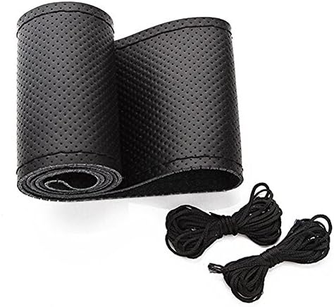 AULLY PARK Leather Car Steering Wheel Cover Stitching Style with Needle and Thread (Size L, Black)