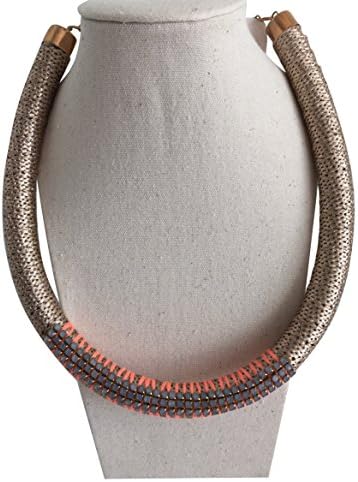 Bershka Jewellery Ladies Necklace Rose Gold-coloured Neck Bangle with White Stones on Flourescent Orange Thread; Length: 46-50 cm; Outer material: 77% rubber, 13% iron, 10% glass