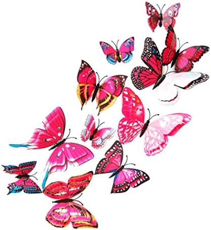 Index 12pcs DIY 3D Butterfly Decals Personalised Colorful Curtain Clothing Buckle Home Decorations Stickers With Pin (Red)