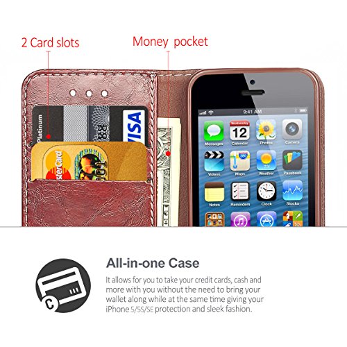 Funda iPhone 5S  iDoer iPhone 5S Funda con tapa libro piel y TPU cartera cover Funda de cuero carcasa bumper protectores estuches soporte flip Case para Apple iPhone 5 5S SE marr  n
