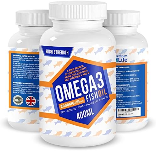 Omega 3 Premium Fish Oil 2000mg - 660 EPA 440 DHA per serving - High Strength, Brain, Cardio &amp; Vision Support - 180 Softgels