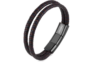 genac Bracelet Double Pour Homme En Cuir Véritable Tressé De Haute Qualité Marron Et Bleu Avec Fermoir Magnétique Amovible En Acier Inoxydable Pour Régler Facilement La Longueur.