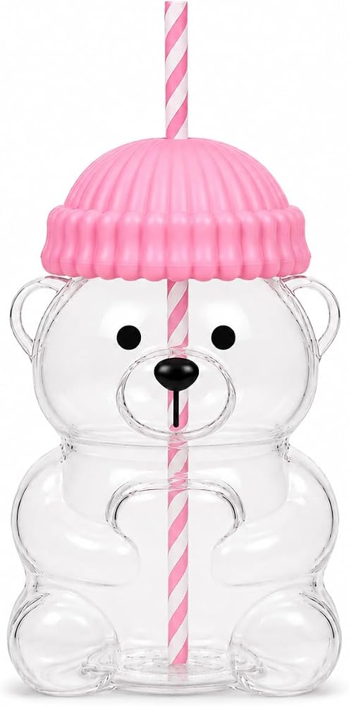 Orret Home 580 ML Ayıcık Desenli Cam Bardak Pipetli Silikon Kapaklı Soğuk Kahve Bardağı Şeffaf Cam Kupa Sevimli Ayıcık Bardak Bubble Tea Smoothie Milkshake Meyve Suyu İçecek Bardağı Çocuk ve Yetişkin