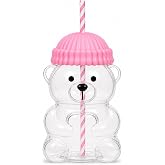 Orret Home 580 ML Ayıcık Desenli Cam Bardak Pipetli Silikon Kapaklı Soğuk Kahve Bardağı Şeffaf Cam Kupa Sevimli Ayıcık Bardak