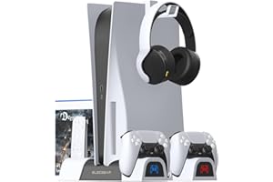 ElecGear PS5 - Soporte Vertical, Ventilador de refrigeración, Doble Cargador estación de Carga, Controlador, Juegos de Almacenamiento, Soporte para Mando DualSense, Playstation 5 Media Remote y