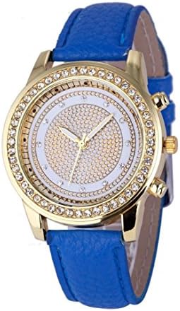 Hmeng Fashion Women Faux Leather Band Geneva Diamond Analog Quartz Wrist Watch Watches (Deep Blue)