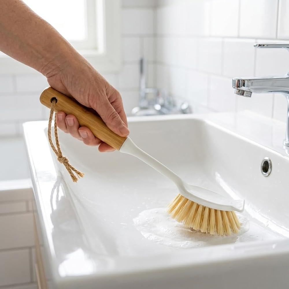 Deconox Bambu Saplı Çok Amaçlı Temizlik Fırçası 27 cm, Uzun Saplı Yoğun Kıllı Askı İpli Fırça, Mutfak Banyo Lavabo Evye Tezgâh Genel Temizlik