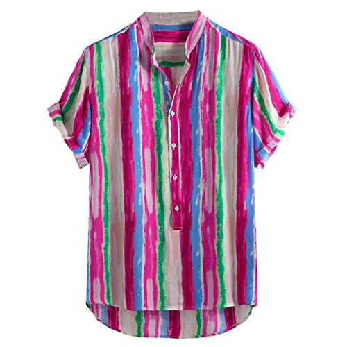 Preisvergleich Produktbild BHYDRY Herren Baumwolle gedruckt Hawaii Stehkragen Kurzarm lose ShirtsX-Large,Pink