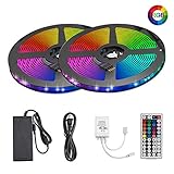 2 Stück RGB LED Stripes (5M x 2) mit extra Klebeband, Fernbedienung mit 44 Tasten, IR Controller, Netzteil und Verbindungen. Keine weiteren Accessoires erfordert. 44 Tasten Fernbedienung mit DIY Funktion, 6 Tasten zum Speichern Ihrer Lieblingsfarben. DIY Knopf drücken und anschließend eine Pfeiltaste gedrückt halten. Dimmfunktion und Steuerung der Helligkeit.