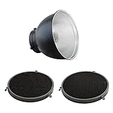 Haz de luz de 55 grados PhotoSEL FRS558BH - Kit de Reflector Estándar de Iluminación Fotográfica (55grados, 20cm de diámetro) con 2 Rejillas Panal, montaje tipo S, para Flash de Estudio PhotoSEL/Bowens
