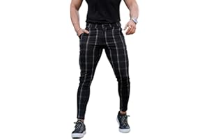 GINGTTO Men's Skinny Stretch Chinos Checked Smart Chino Trousers Slim Fit