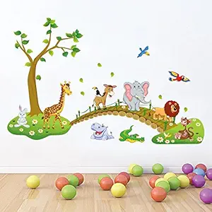 Paper Plane Design Jungle Animals Wall Stickers for Kids (Finished Size on Wall - 120(w) x 90(h) cm)