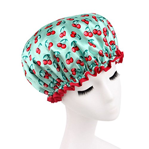 Stylish Design Waterproof Double Layer Shower Cap Spa Bathing Caps, Green Cherry
