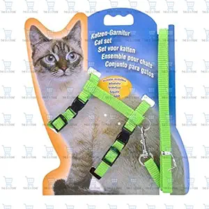 THE DDS STORE Cat Adjustable Nylon Harness Strap Collar with Leash Set Small Pet Walking (Green)