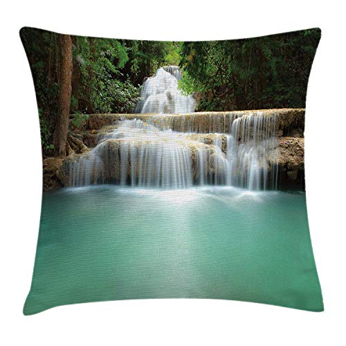 Klydh Waterfall Throw Pillow Cushion Cover Falling Stream Waterfall Natural Pond Thailand Vacation Theme Print Decorative Square Accent Pillow Case - 