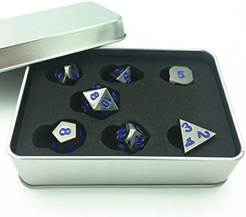 Truewon Metal Dice Set of 7 With Metal Case ( Black Nickel Surface Dark Blue Numbers)