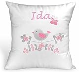  Kissenhülle mit Wunschnamen♥Vögelchen♥Geburt♥taufe♥individuell♥40cmx40cm♥mit oder ohne Inlett