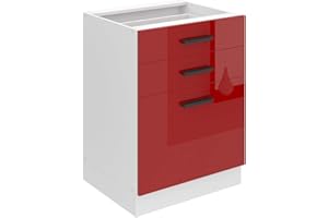 ‎B BELINI GROUP Belini Unterschrank Küche, Küchenunterschrank 60 cm Breite. SDSZ Küchenunterschrank ohne Arbeitsplatte. Küchenschrank mit Schubladen, Rot Hochglanz