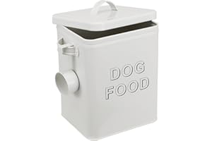 ZoeQide Contenedor de comida para perros de metal de 5 l – Almacenamiento de comida para perros con tapa y cuchara medidora – Caja de comida seca hermética blanca – Recipiente para comida para